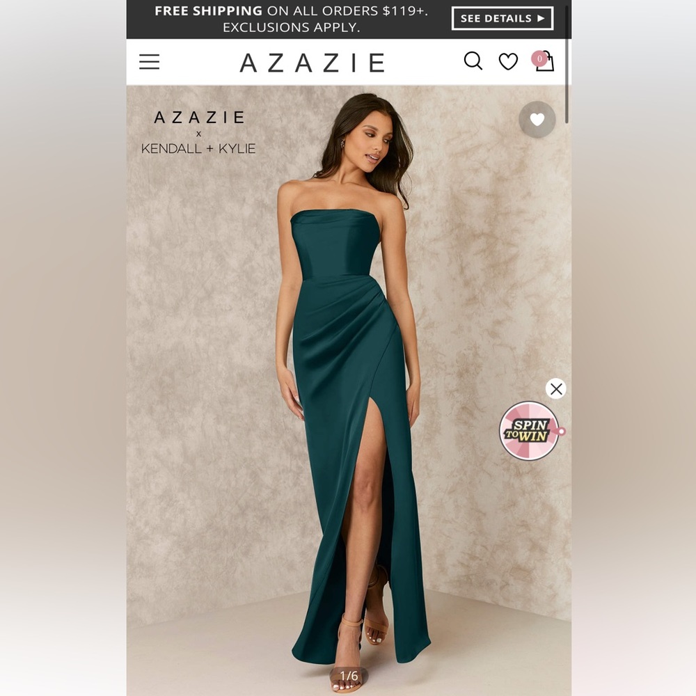 Azazie Kendall + Kylie strapless stretch satin sheath gown pine